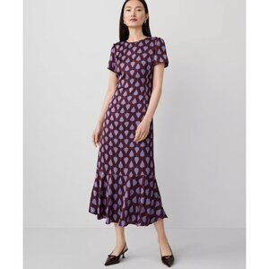 NWT Ann Taylor Dress 0 / XS Midi Fern Flounce Shift Purple Floral Satin Mermaid